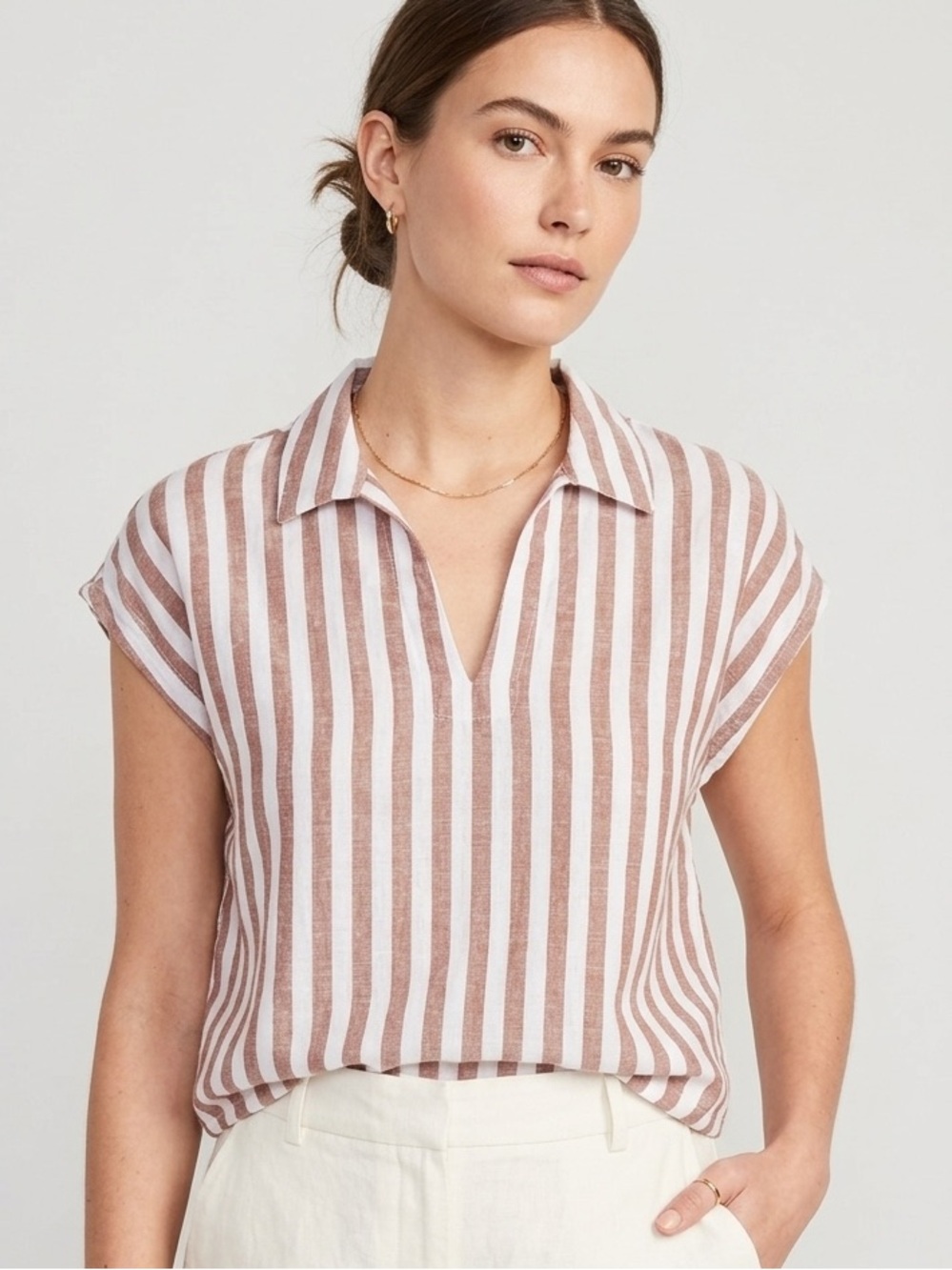 Old Navy Vertical Stripe V-Neck Cap Sleeve Top - White & Brown